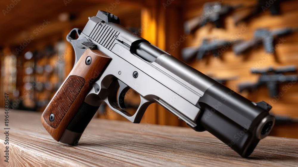 A stainless 1911 on the shop counter
