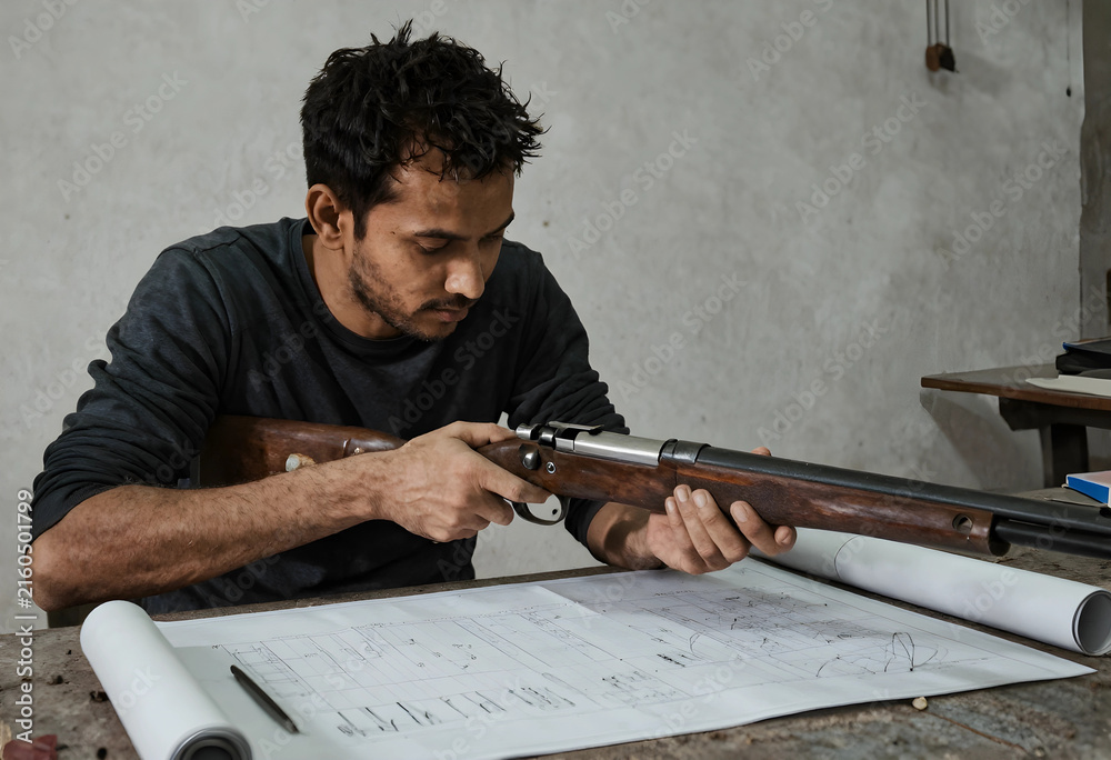 Gloved hands checking a pistol on the bench