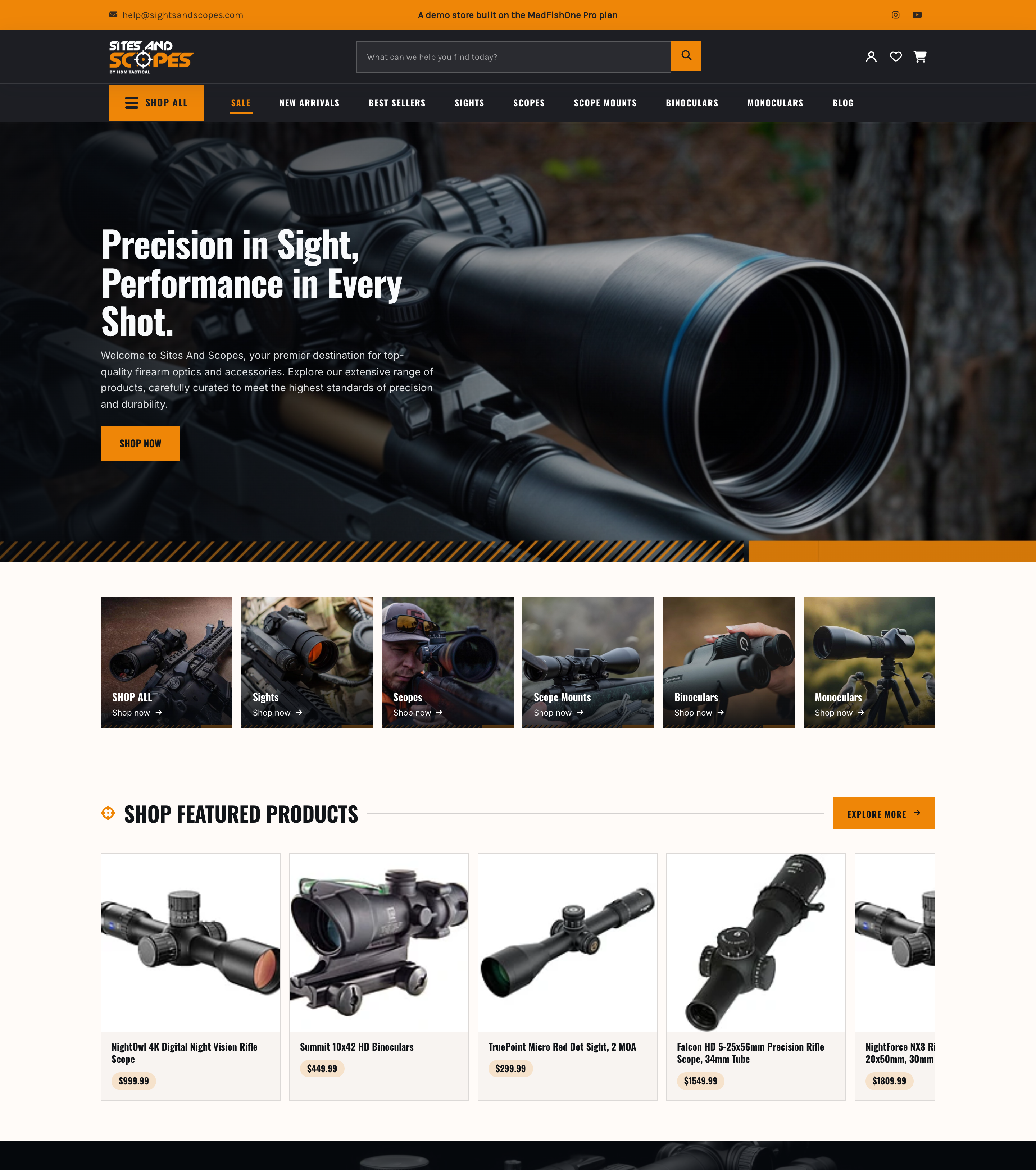 A BigCommerce storefront for a firearms optics retailer, built on MadFish One
