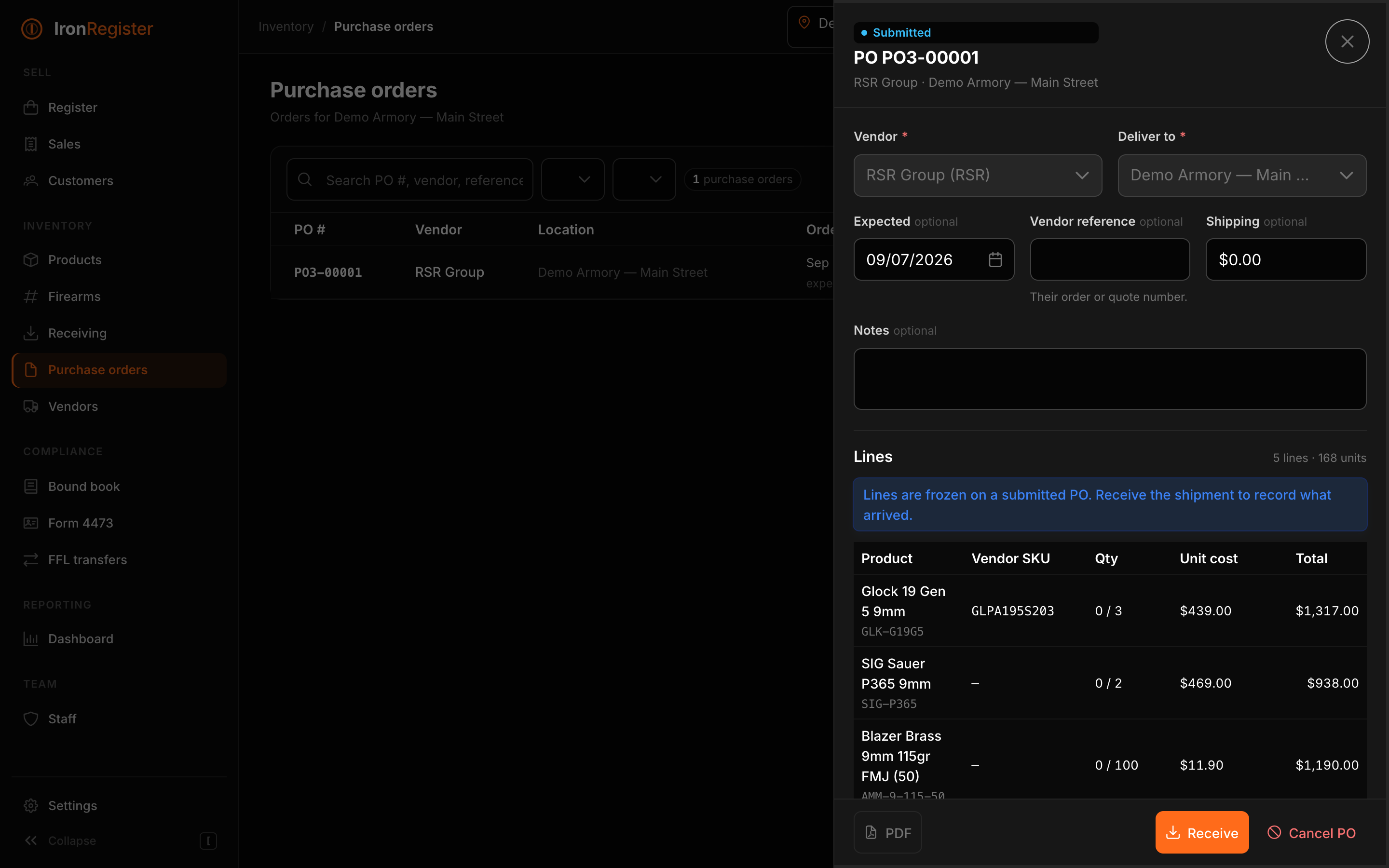 From low stock to a vendor PO in three clicks.